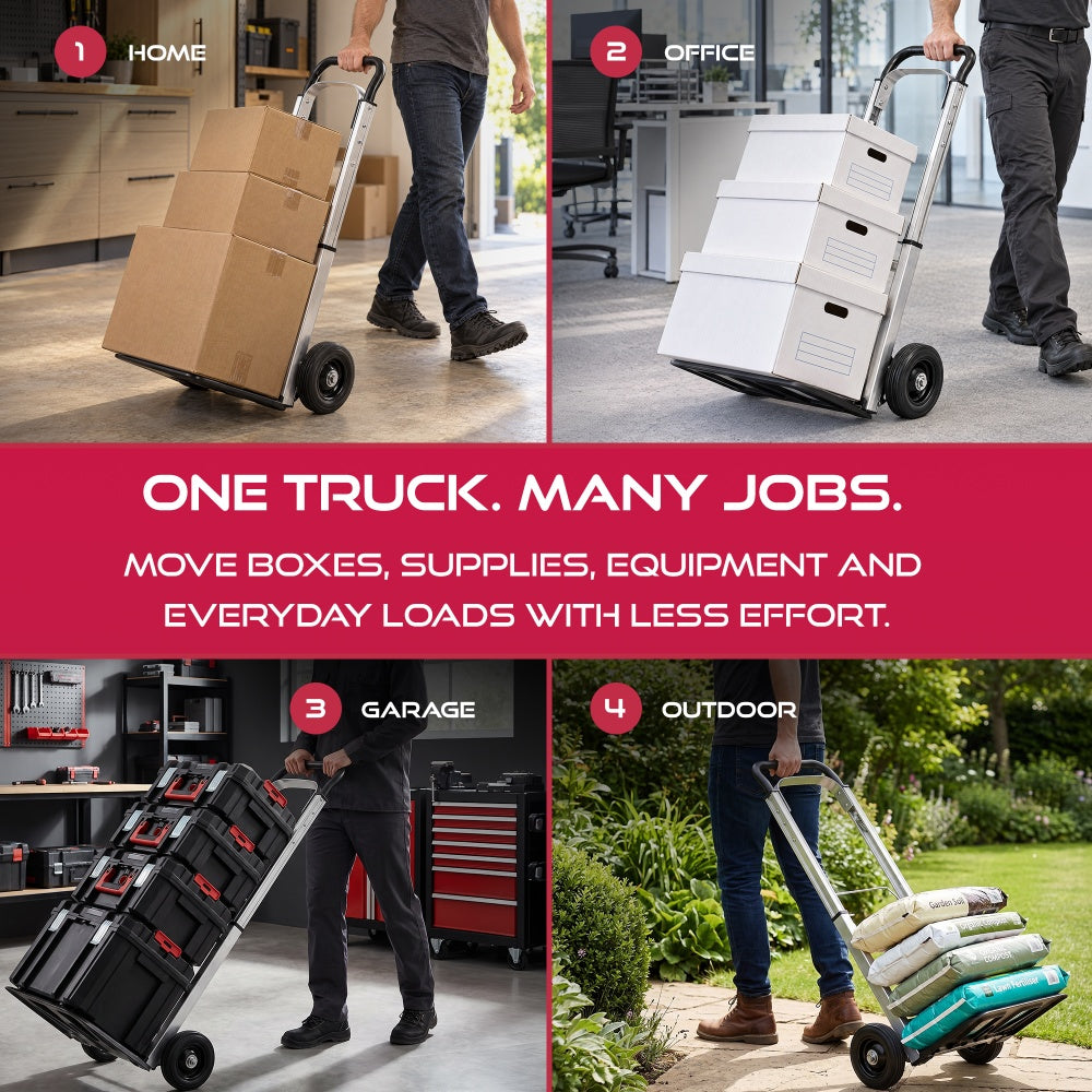 Haltons hand truck in four uses: boxes at home and files in the office and tool cases in the garage and soil bags outdoors