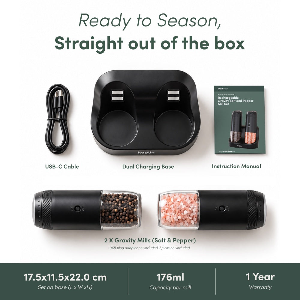 Box contents: two gravity mills and a dual charging base with USB-C cable and instruction manual