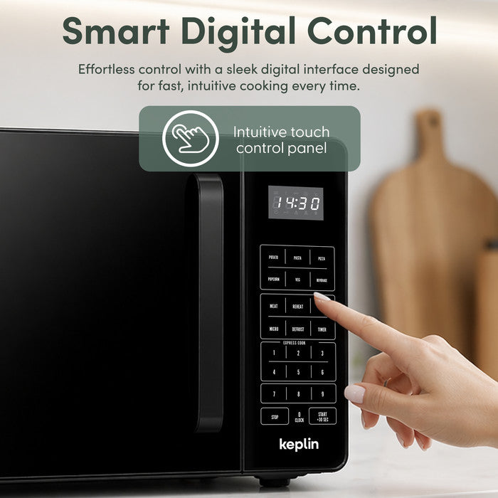 Black microwave oven intuitive touch control panel close-up – digital display showing 14:30