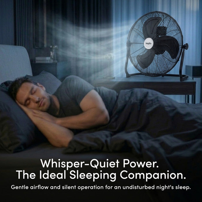 Compact 12 inch black chrome floor fan lifestyle shot