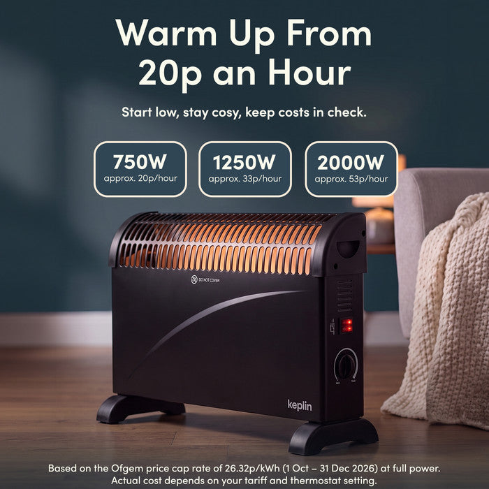 Black convector heater running costs from around 20p an hour across 750W, 1250W and 2000W settings