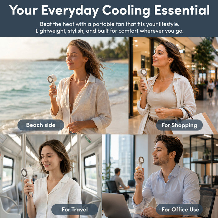 Cream portable fan in use at beach, shopping, on the train and in the office