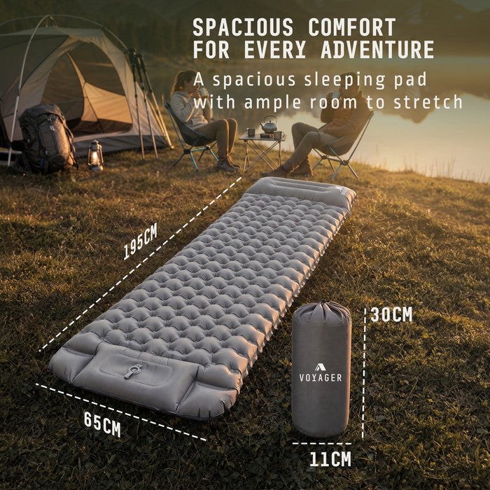 Voyager grey inflatable camping mat 195x65cm inflated packs to 30x11cm
