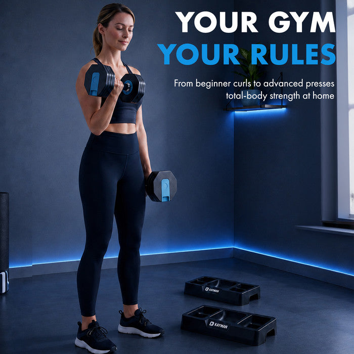 Kayman 24kg Adjustable Dumbbell Set (2x12kg Pair) — 12-in-1 Quick-Dial System with Safety Lock, 6 Weight Levels: 2/4/6/8/10/12kg per Dumbbell, Home Gym Strength Training