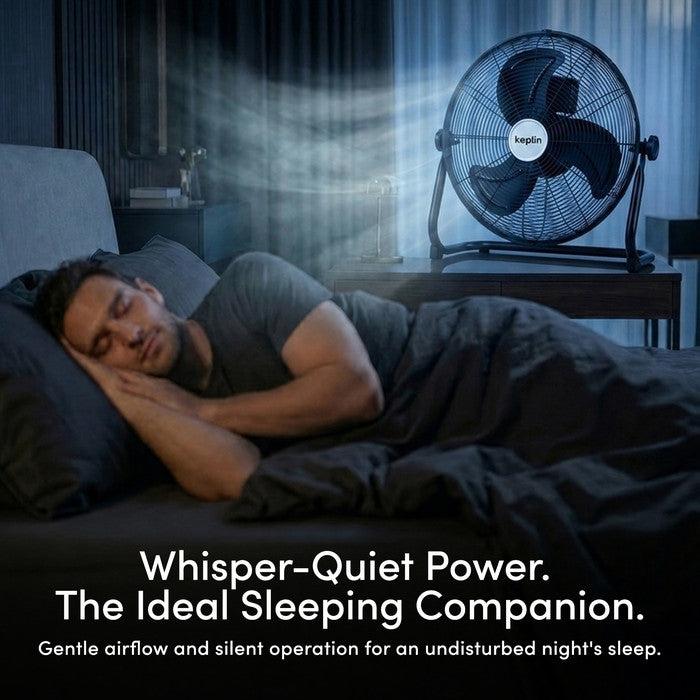 16 inch black chrome floor fan lifestyle bedroom setting