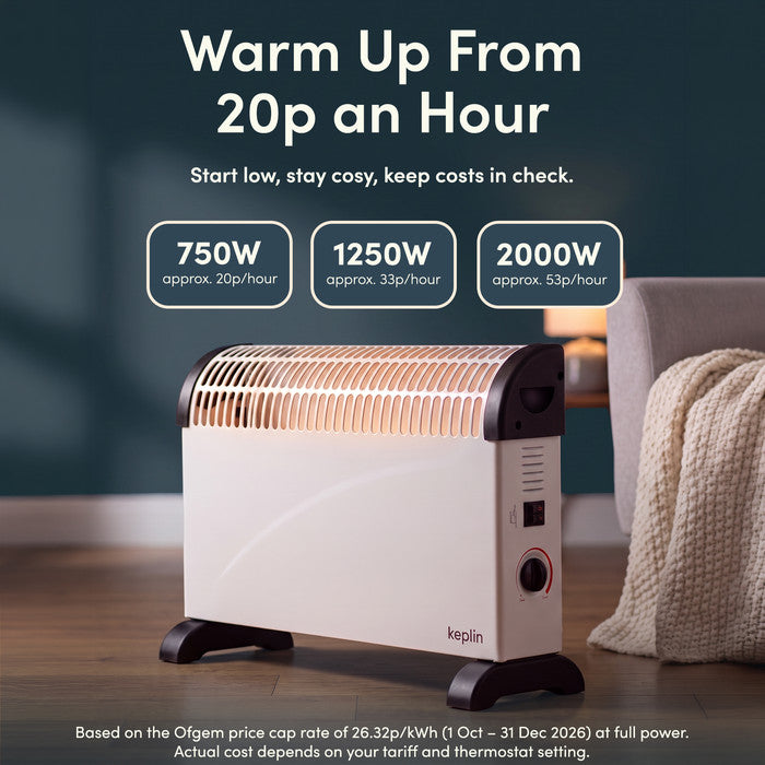 White convector heater running costs from around 20p an hour across 750W, 1250W and 2000W settings