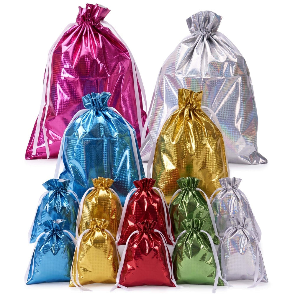 Plain foil gift bag set of 14 in pink, blue, gold and silver, five sizes shown together