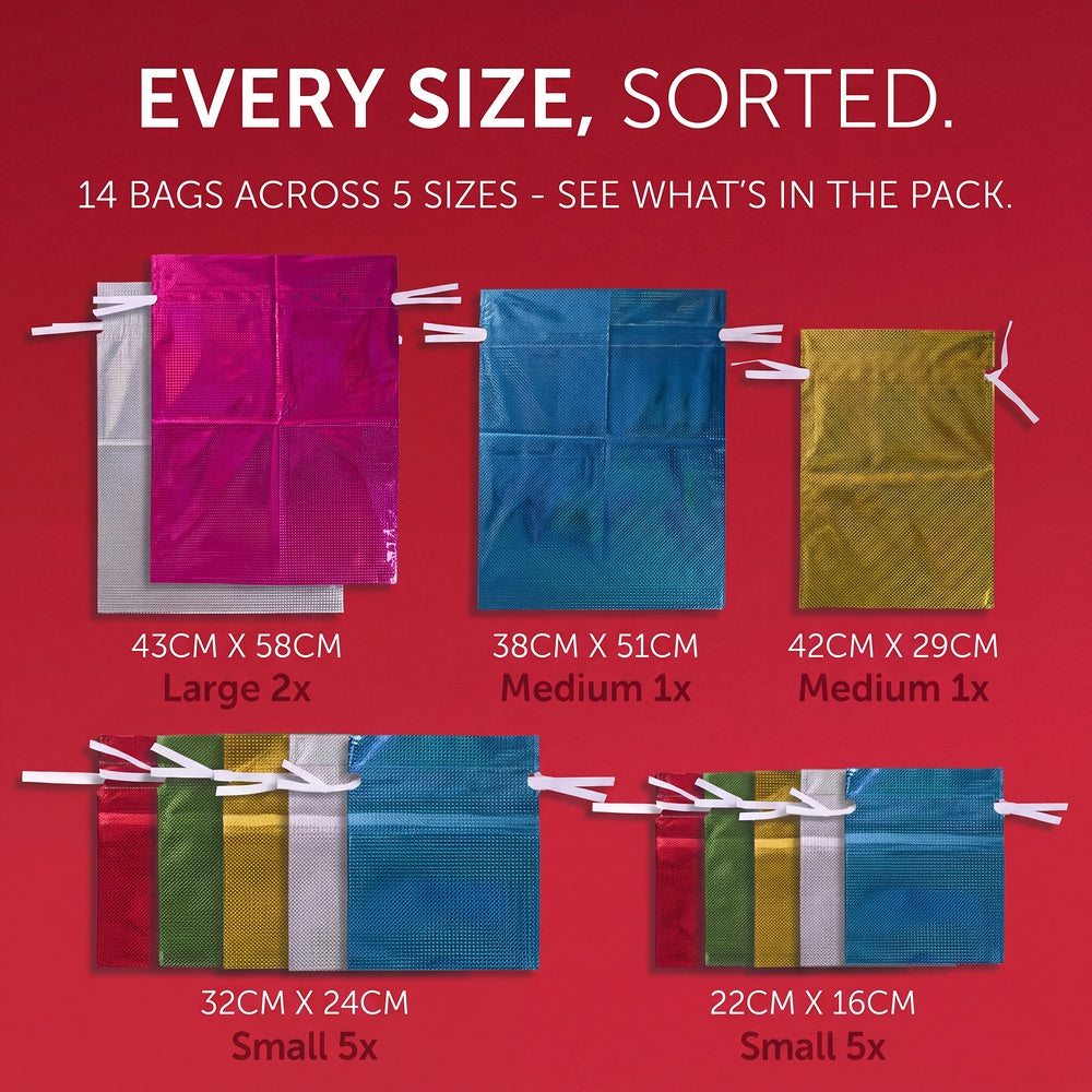 Plain foil gift bag size chart showing 14 bags across five sizes from 22x16cm to 43x58cm
