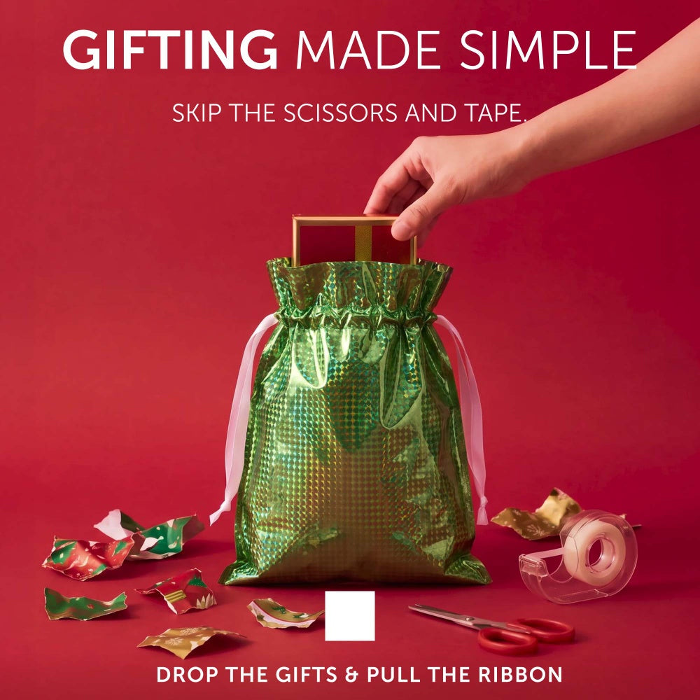 Green and gold holographic foil gift bag with satin ribbon drawstring, no wrapping paper needed