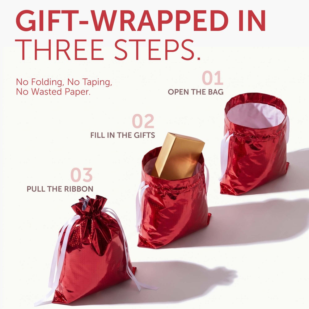 Pink metallic foil gift bag shown in three steps, open the bag, add the gift, pull the ribbon