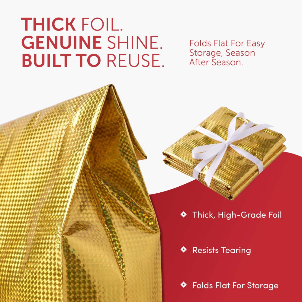 Gold textured foil gift bag with satin ribbon, shown folded flat for storage