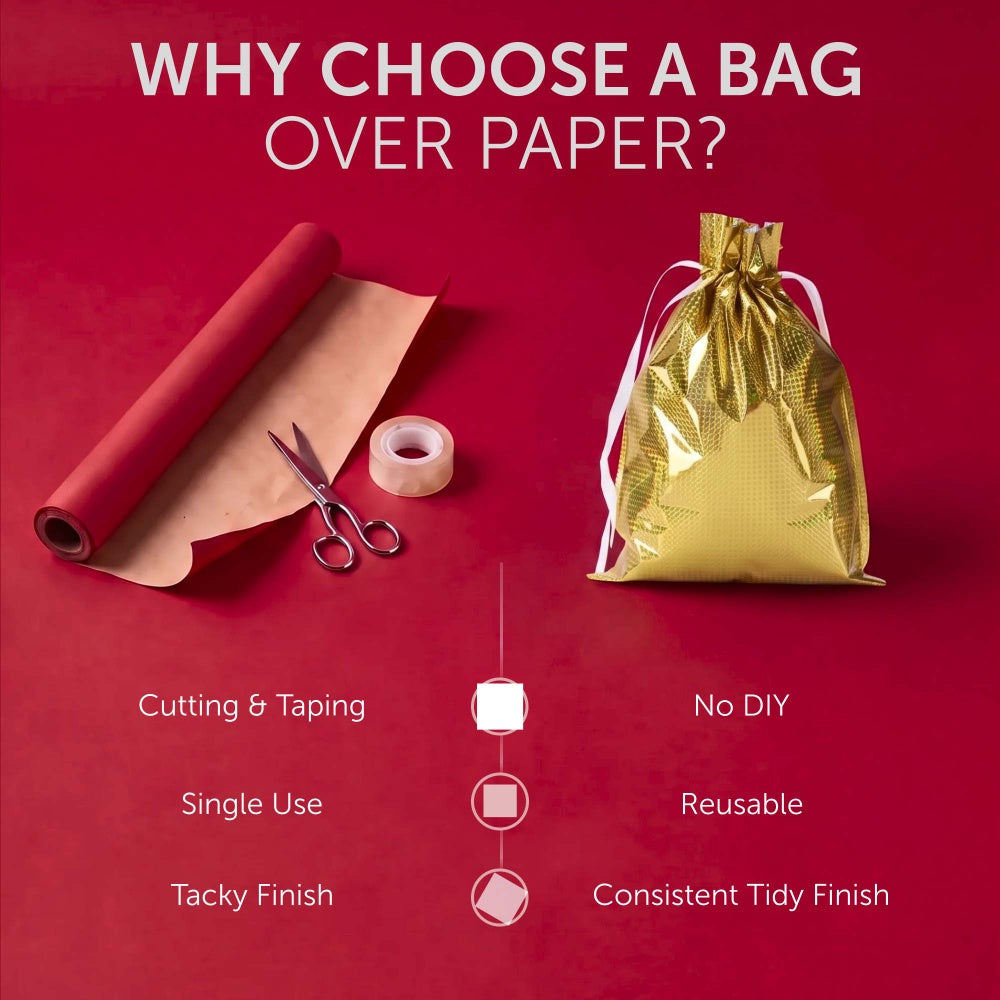 Comparison of wrapping paper and tape against a reusable gold foil gift bag with ribbon