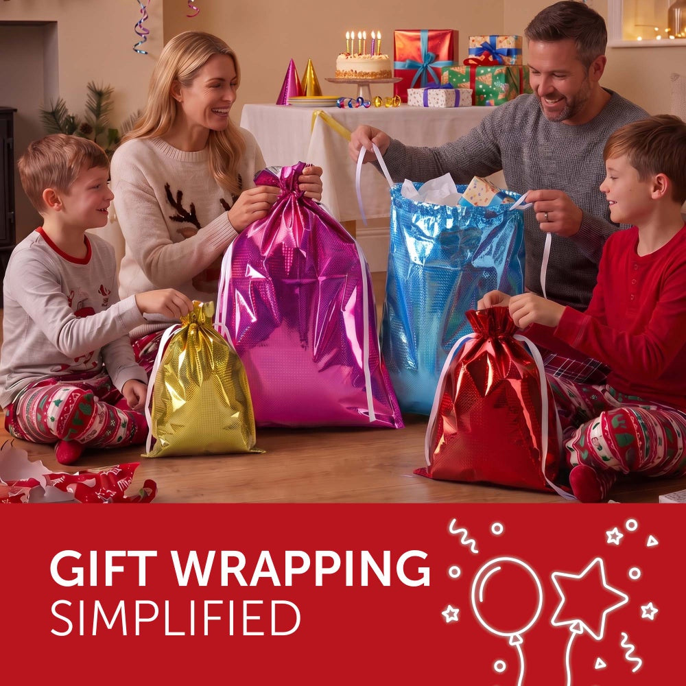 Family opening pink, blue, gold and red foil gift bags at a birthday celebration
