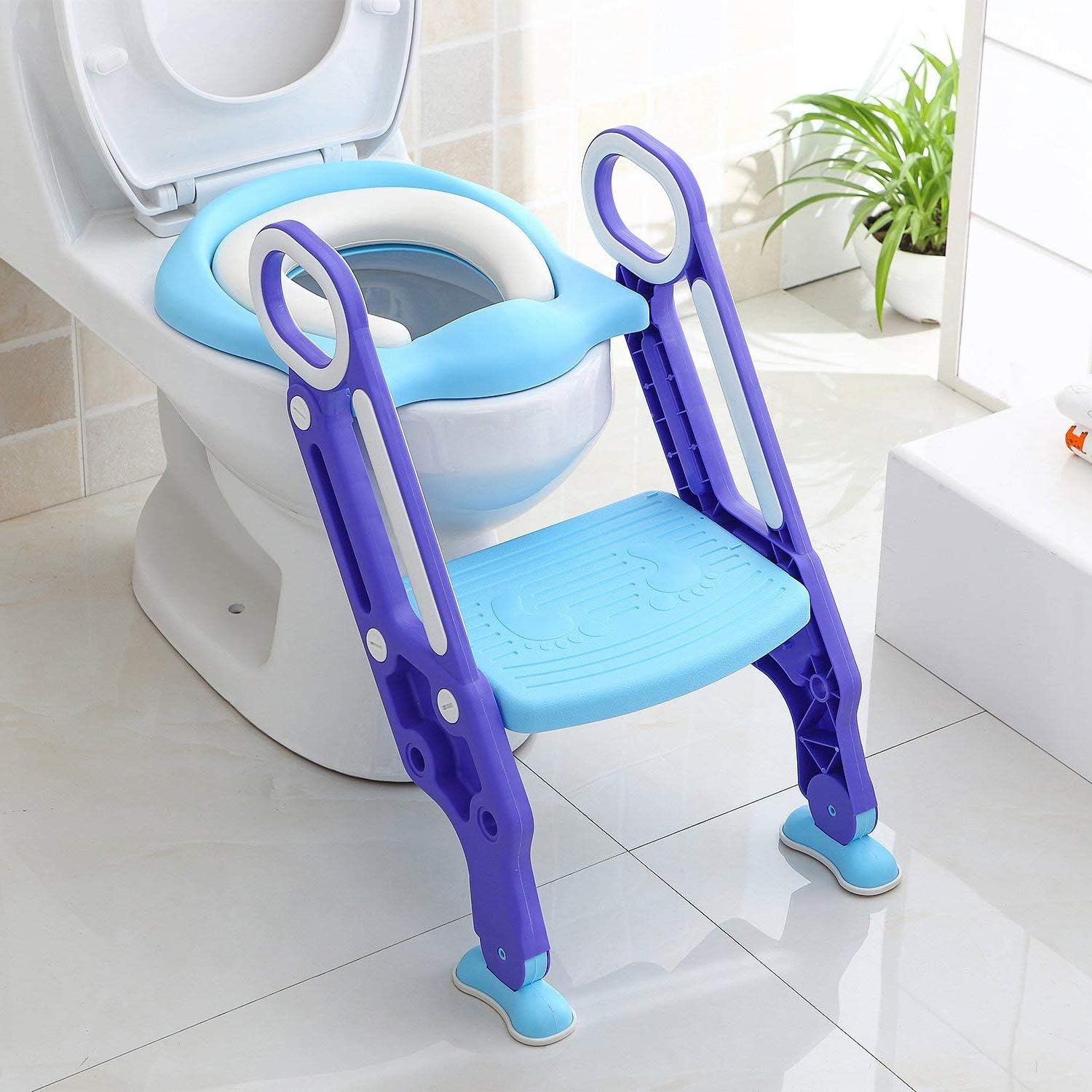 Keplin Adjustable Kids Potty Training Seat with Step Stool – Soft Padded, Universal Fit for V/U/O-Shaped Toilets, Ages 1-14, Easy Assembly & Foldable