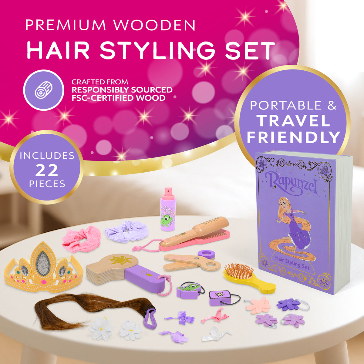 Disney Princess Rapunzel wooden hair styling set, 22 pieces with hair extension and brushes