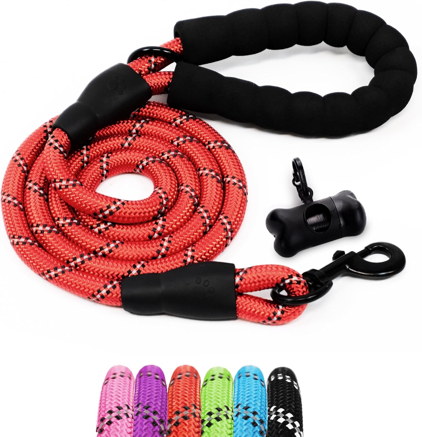 FurDreams 1.5m (5ft) Slip-On Dog Lead – One-Size-Fits-All Leash with Soft Padded Handle, Reflective Threads, and Waste Bag Dispenser – Durable, Weather-Resistant Climbing Rope for Dogs