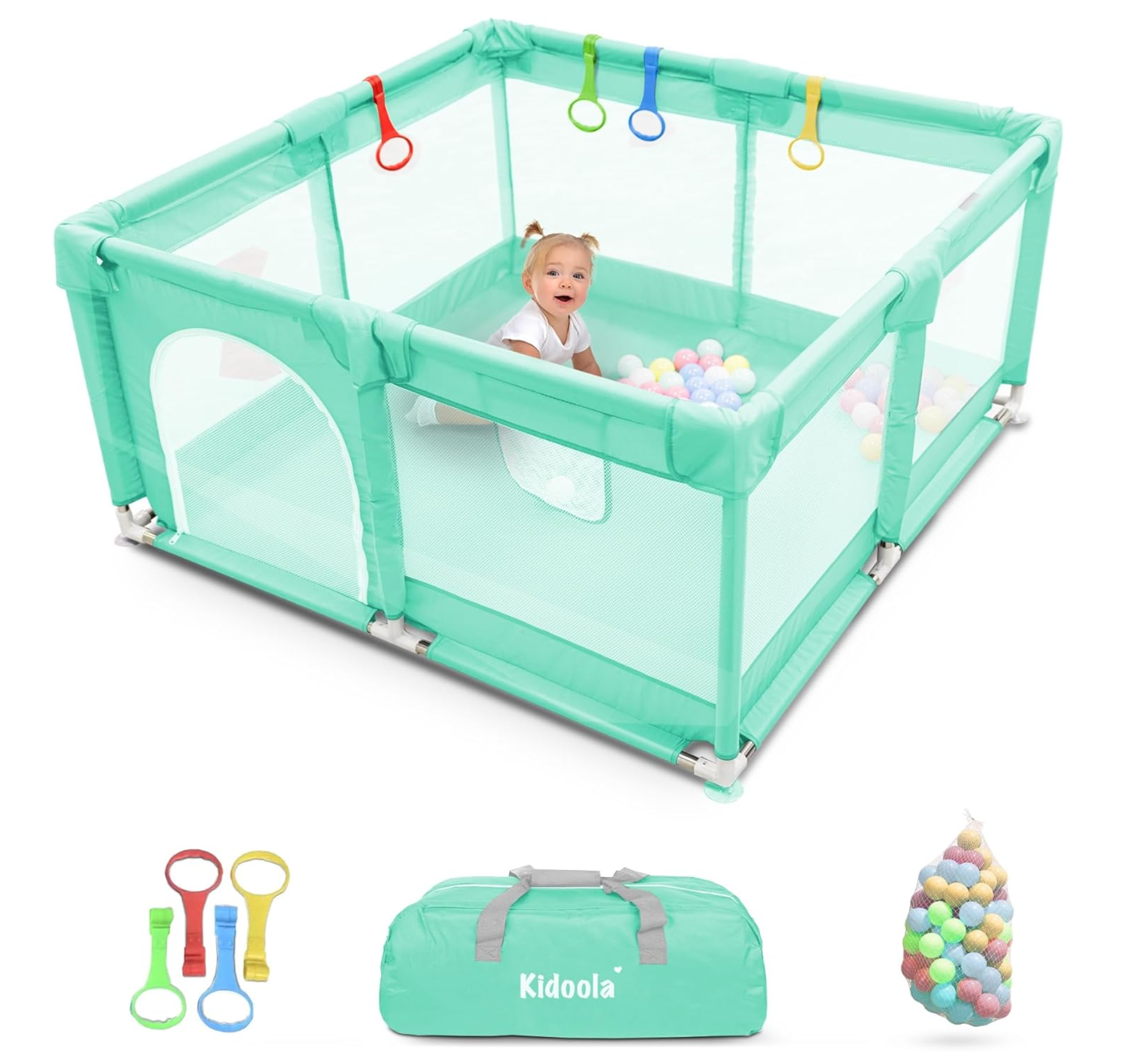 KIDOOLA Extra Large Baby Playpen with Padded Frame & Mesh Walls – Includes Balls & Pull Rings for Indoor & Outdoor Fun – Breathable Mesh Toddler Fence (127x127x65cm)