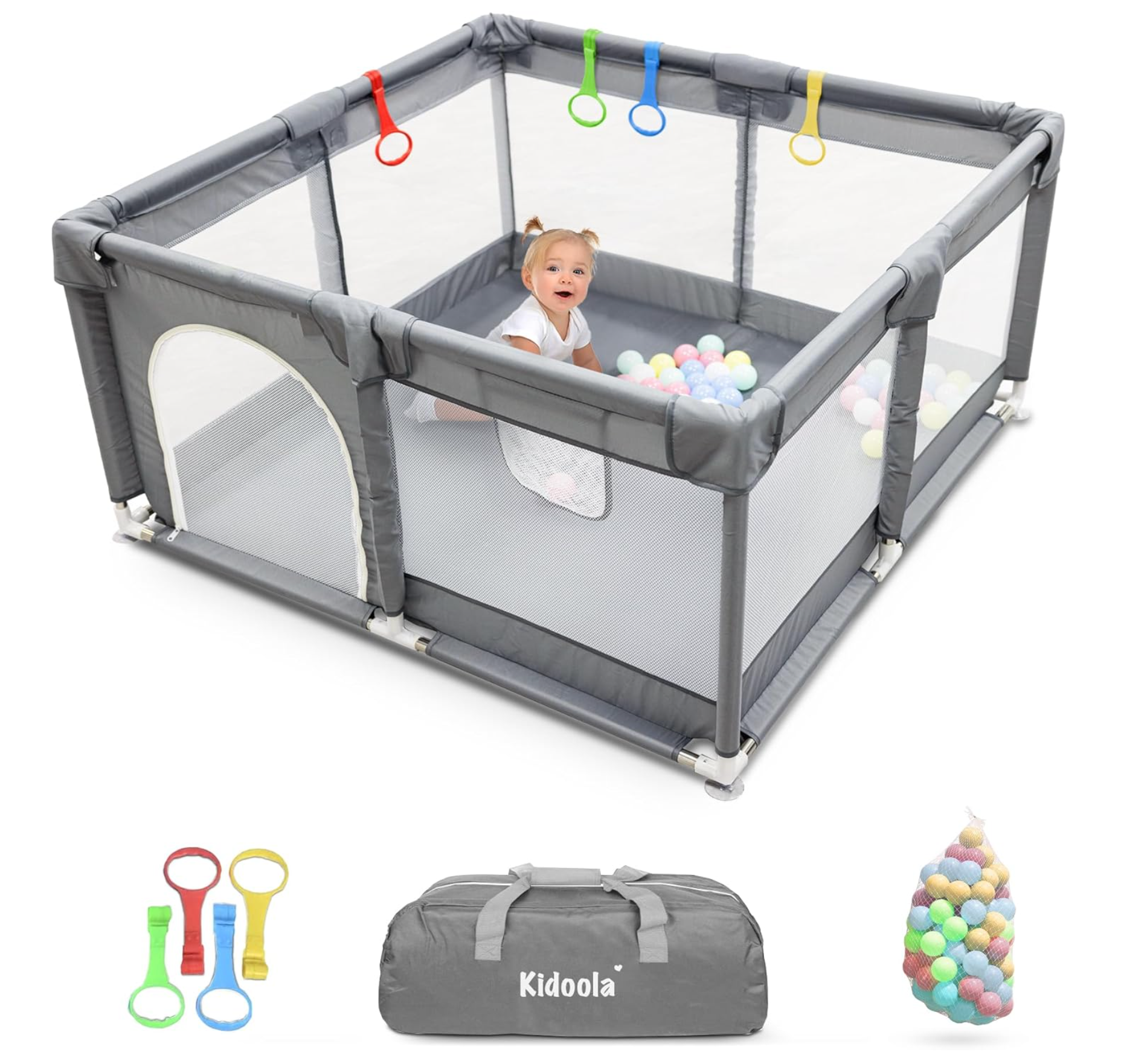 KIDOOLA Extra Large Baby Playpen with Padded Frame & Mesh Walls – Includes Balls & Pull Rings for Indoor & Outdoor Fun – Breathable Mesh Toddler Fence (127x127x65cm)