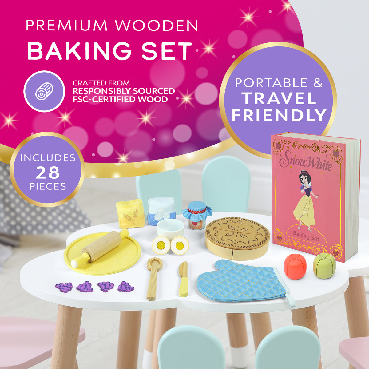 Disney Princess Snow White wooden baking set, 28 pieces and storybook box on a kids table