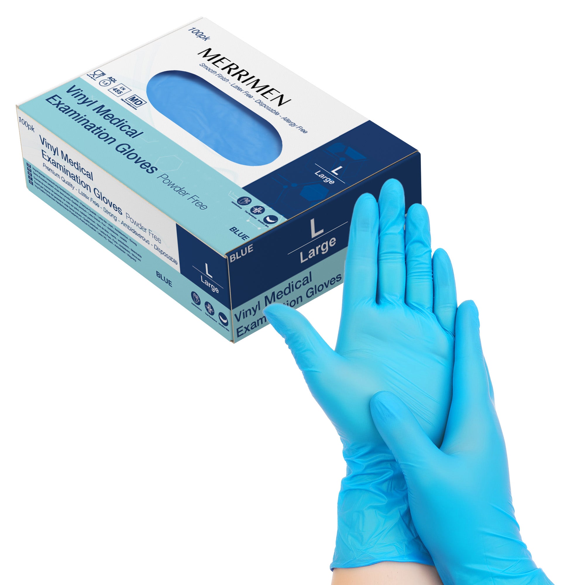 Merrimen Vinyl Gloves - BLUE | Disposable – Box of 100 | Ambidextrous Gloves | Latex & Powder Free | For Safe Hands Against Allergies