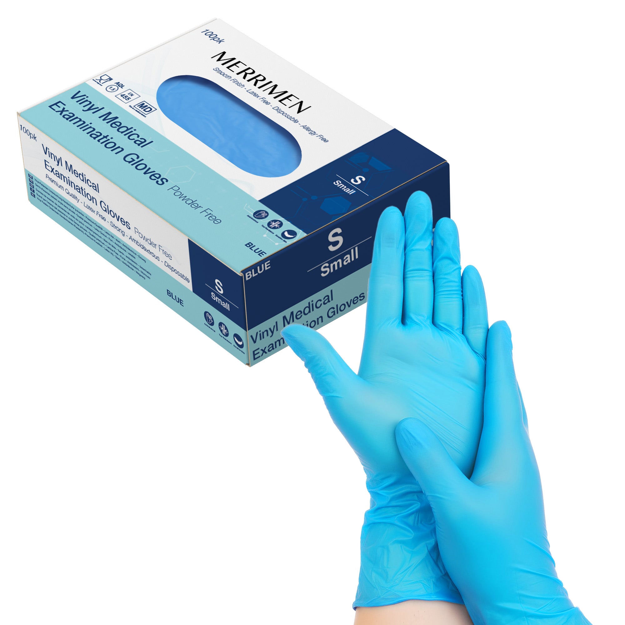 Merrimen Vinyl Gloves - BLUE | Disposable – Box of 100 | Ambidextrous Gloves | Latex & Powder Free | For Safe Hands Against Allergies