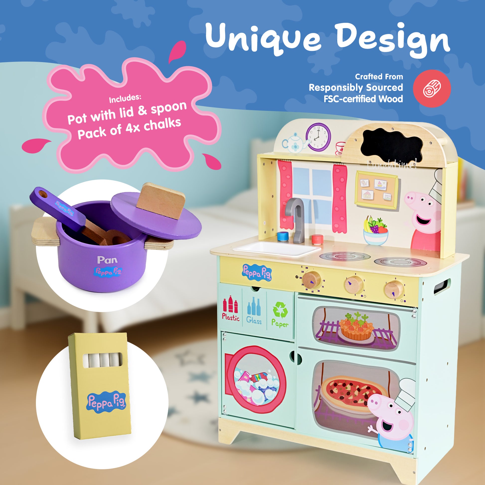 Peppa Pig Floor Standing Wooden Play Kitchen Full View – Kids Pretend Play Toy Age 3+