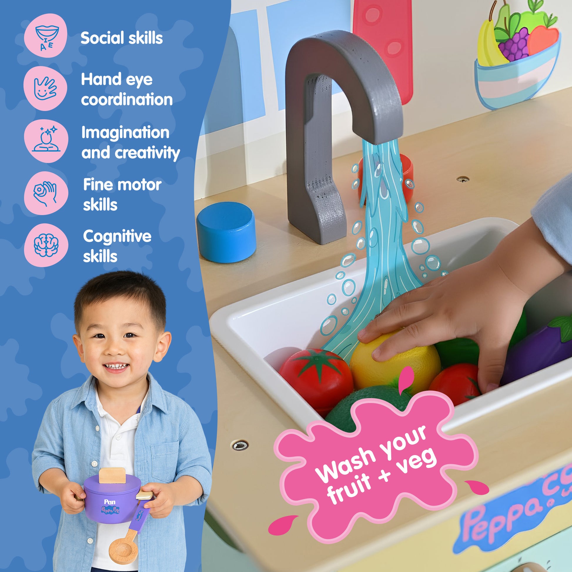 Peppa Pig Wooden Kitchen Toy 83cm – Play Kitchen with Sink and Washing Machine for Kids