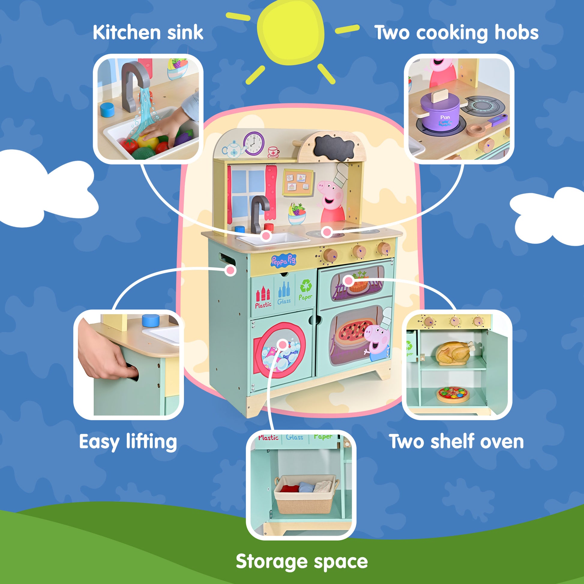 Peppa Pig Wooden Play Kitchen – Colourful Character Artwork and Chef Hat Design