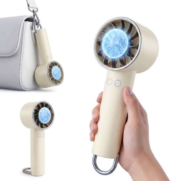 Cream portable handheld fan with cooling plate held in hand