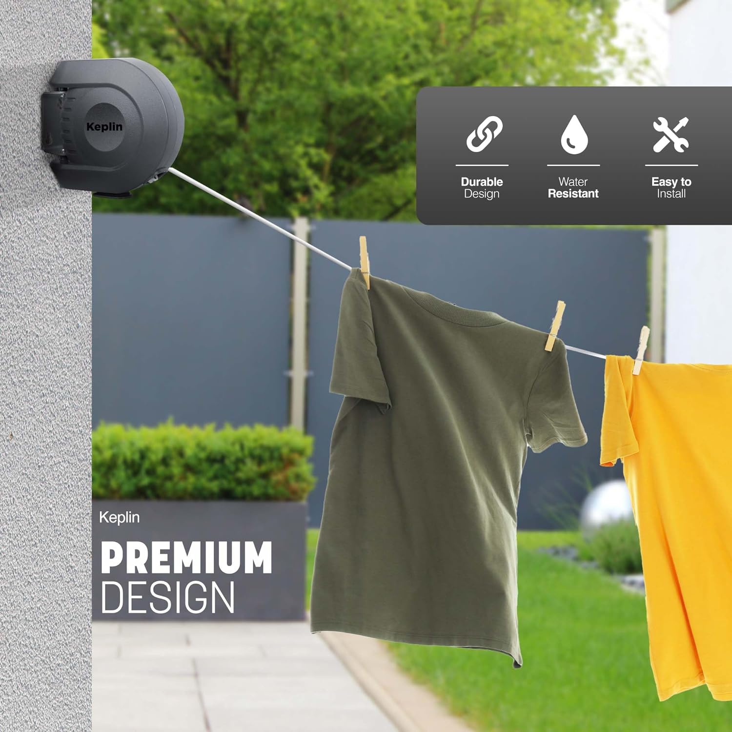 Retractable Washing Line - 15m Outdoor Clothesline, Wall Mountable & Heavy Duty Laundry Airer (15 Metres)