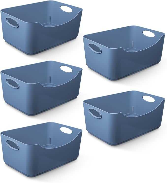 KEPLIN 5 Pack Blue Plastic Studio Storage Basket, Portable Container Boxes with Handles for Storage Organisation in Home & Office, Shelfs, Drawers, Kitchen & Cupboards (Blue, Pack of 5)