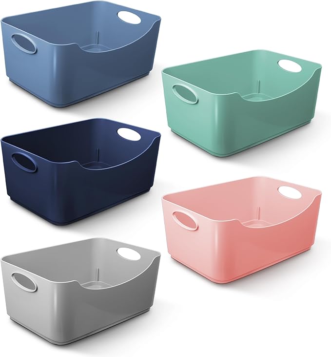 KEPLIN 5 Pack Blue Plastic Studio Storage Basket, Portable Container Boxes with Handles for Storage Organisation in Home & Office, Shelfs, Drawers, Kitchen & Cupboards (Blue, Pack of 5)