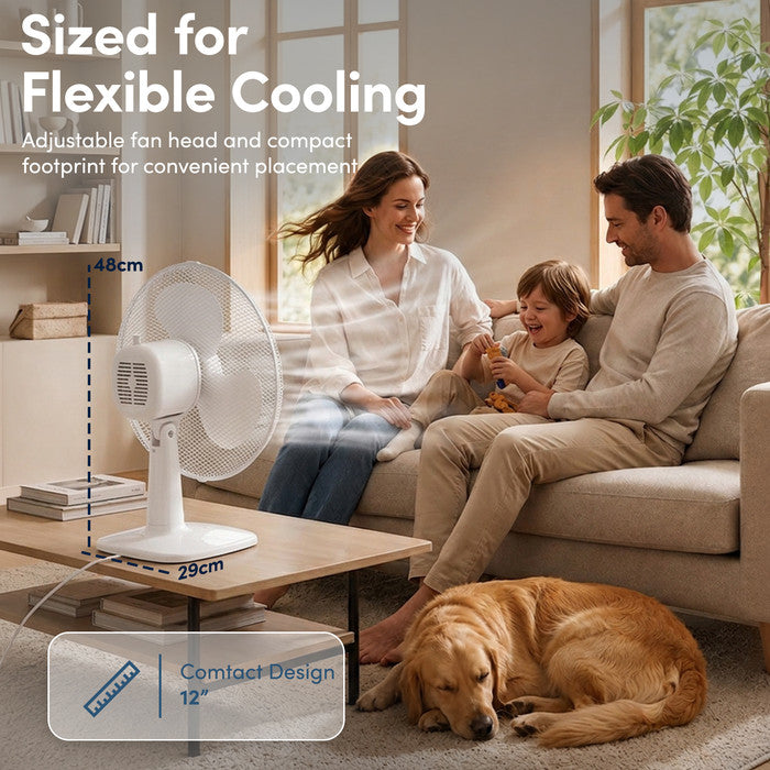 Compact 12 inch white desk fan dimensions – 34cm height and 29cm base for desk or tabletop use