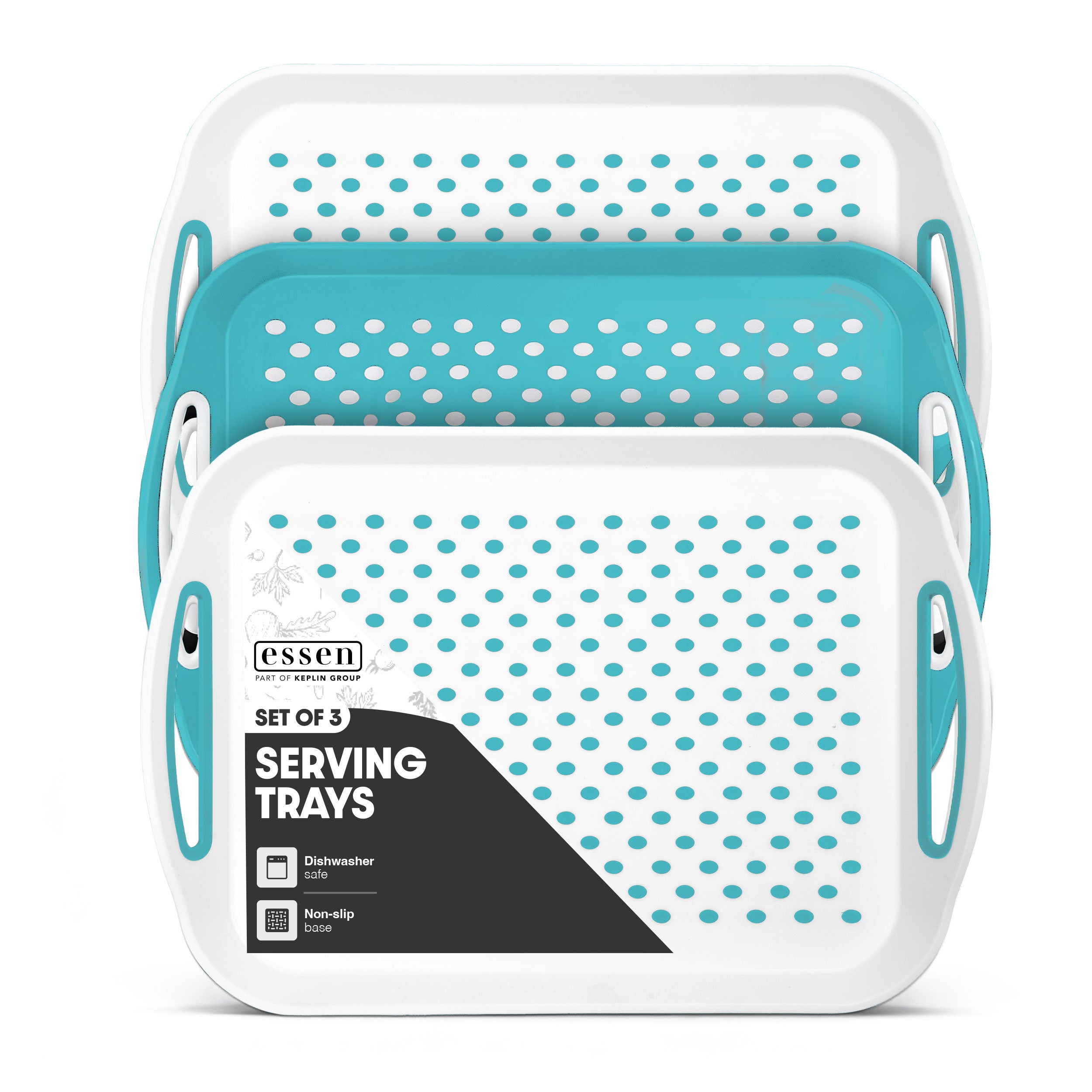 Essen 3-Pack Serving Tray Set – Non-Slip Lap Boards with Grip Handles, Ideal for Food Prep, Tea, Breakfast in Bed – Plastic Tray for Stable Dining – Dishwasher Safe