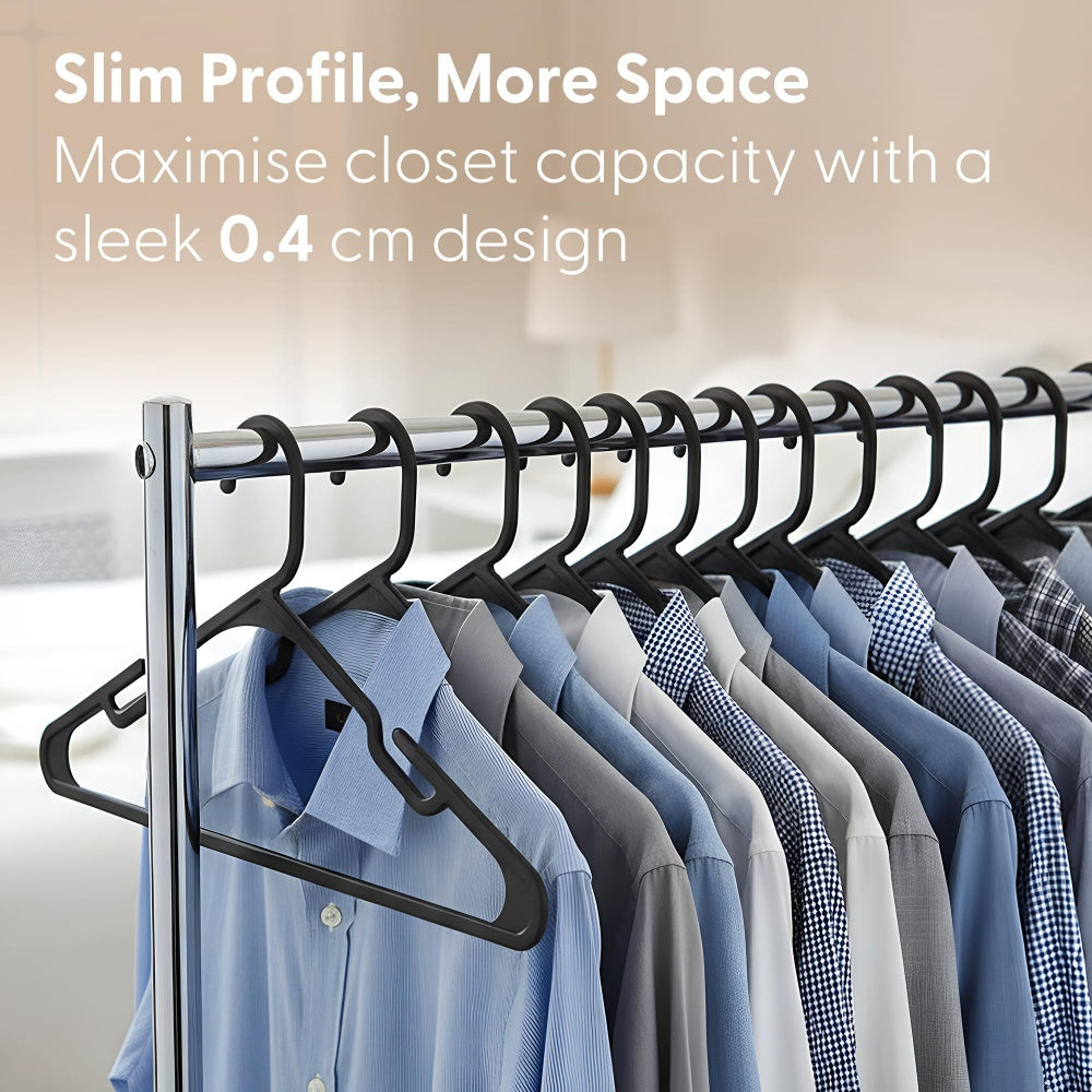 Slim black coat hangers on a clothes rail with shirts, 0.4cm space saving design