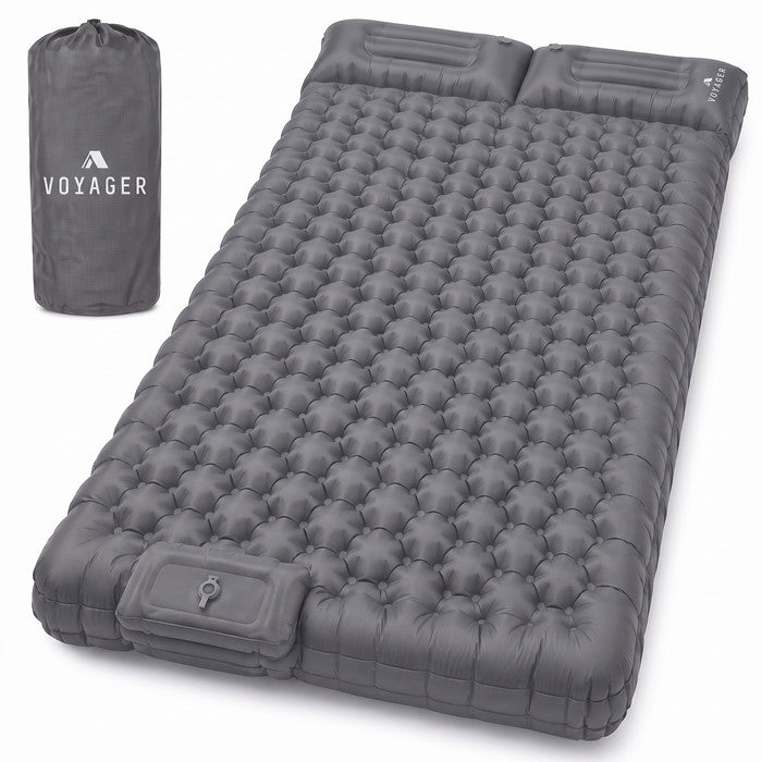 Grey double inflatable camping sleeping pad – wide ergonomic camping mat for outdoor sleep