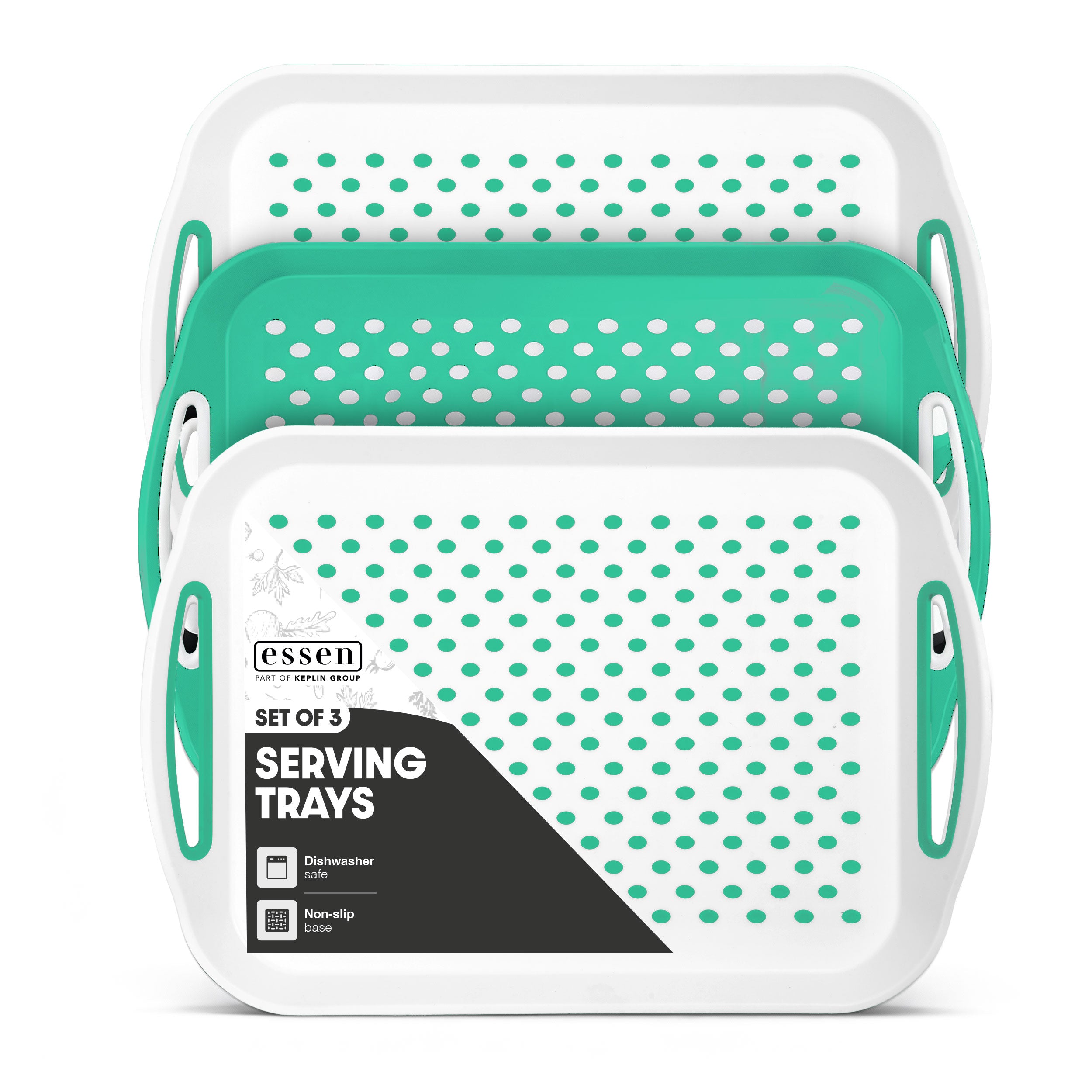 Essen 3-Pack Serving Tray Set – Non-Slip Lap Boards with Grip Handles, Ideal for Food Prep, Tea, Breakfast in Bed – Plastic Tray for Stable Dining – Dishwasher Safe