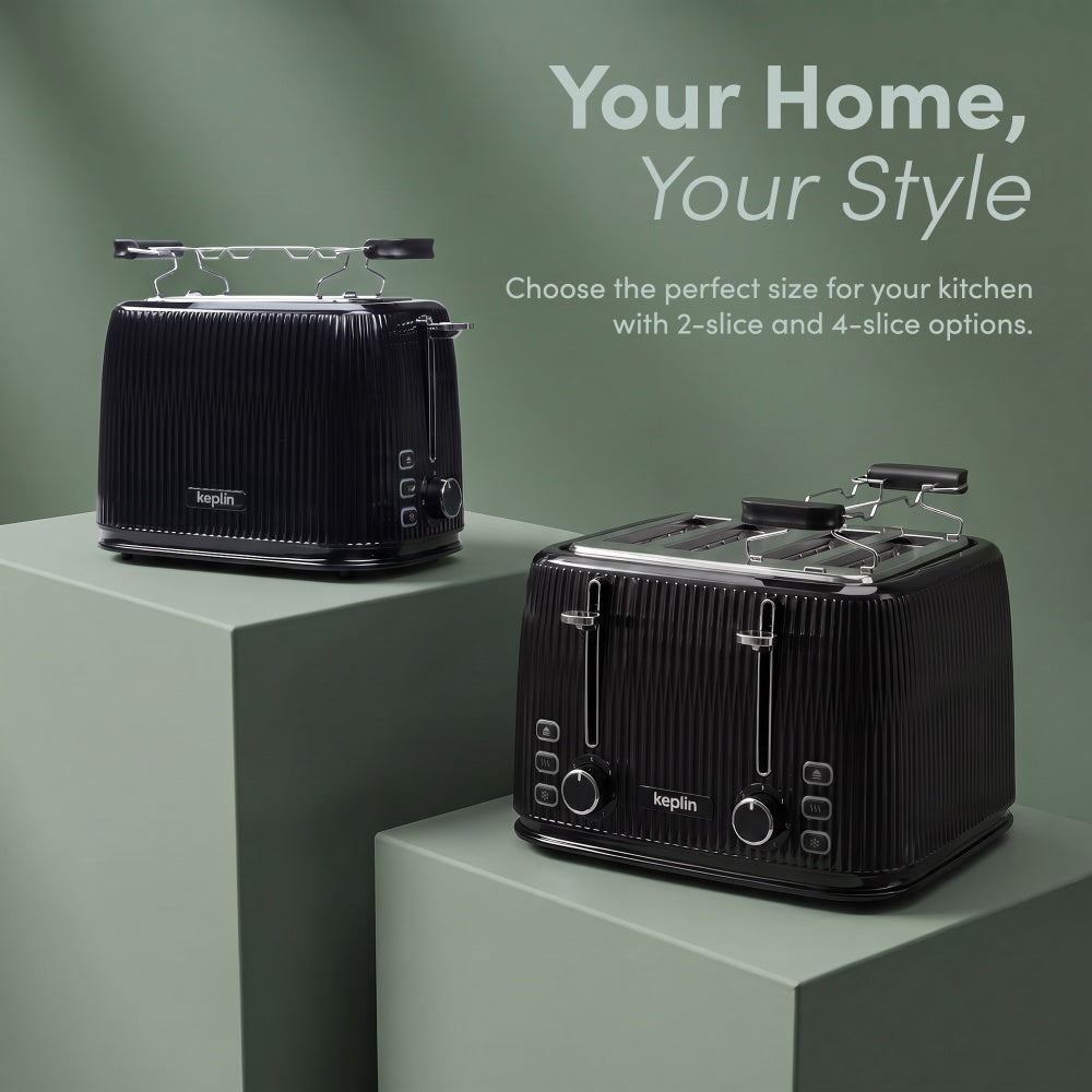 Keplin 4 slice toaster next to the 2 slice version showing size options