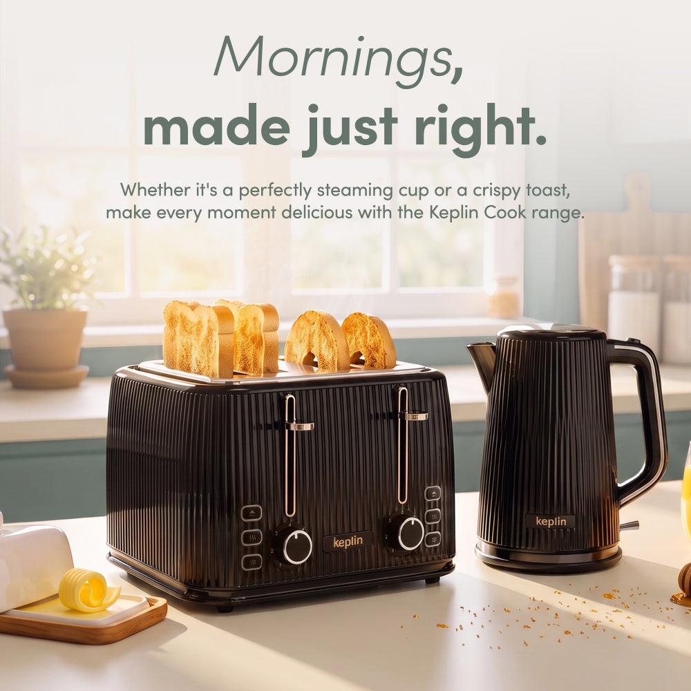Keplin 4 slice toaster and matching kettle from the Keplin Cook range on a kitchen counter