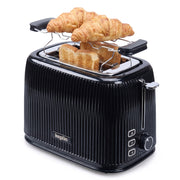 Keplin 2 slice toaster in black with croissants on the warming rack