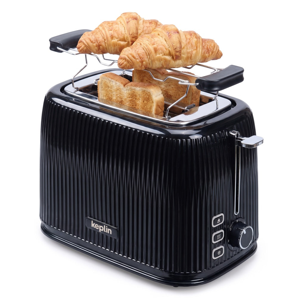Keplin 2 slice toaster in black with croissants on the warming rack