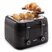 Keplin 4 slice toaster in black with croissants on the warming rack