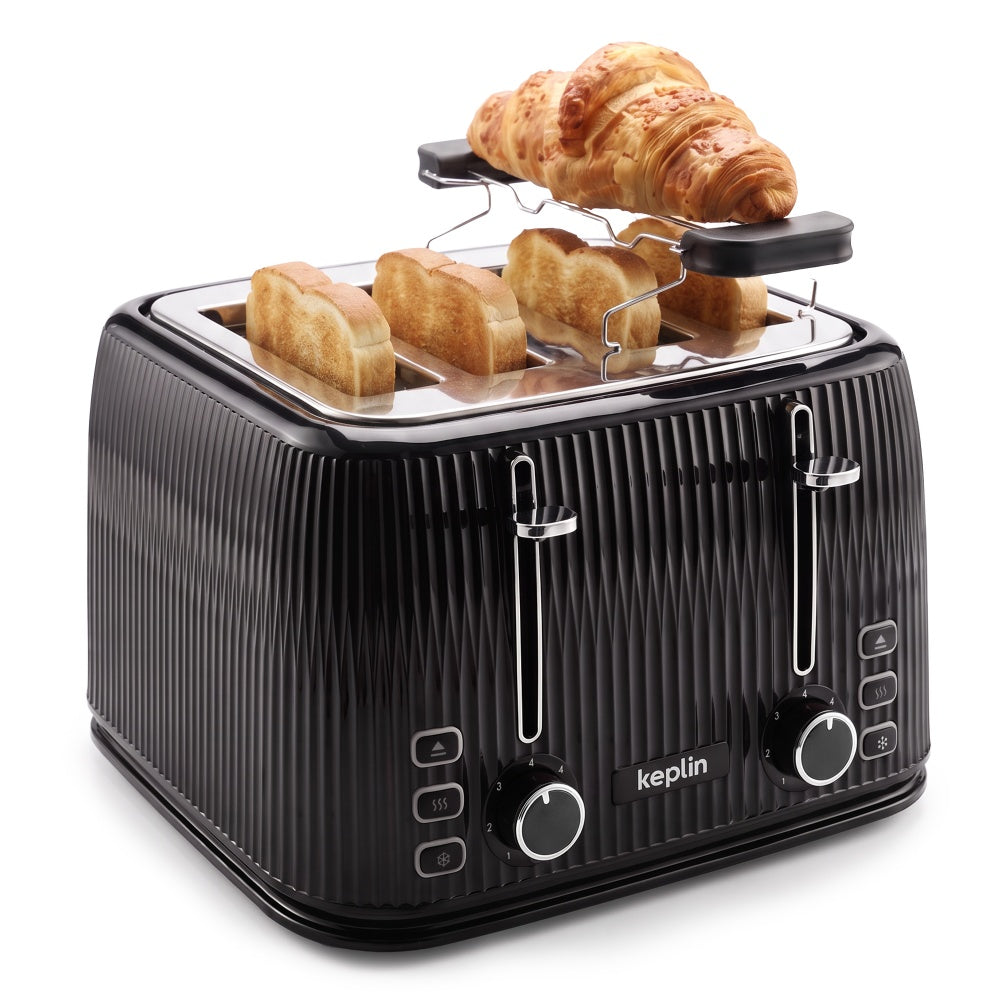 Keplin 4 slice toaster in black with croissants on the warming rack