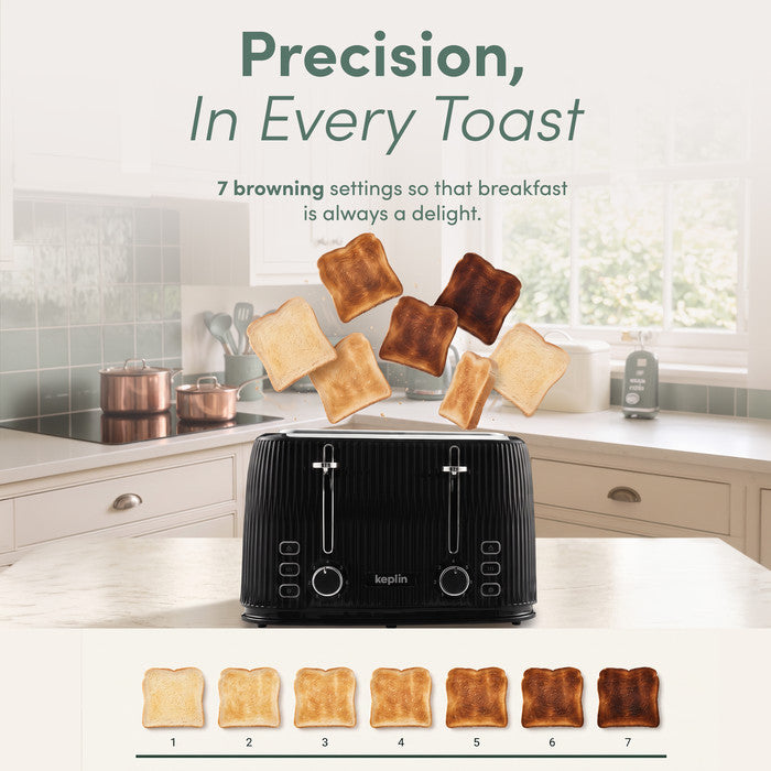 Keplin 4 slice toaster with 7 browning settings shown from light to dark toast