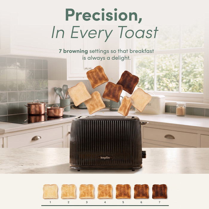Keplin 2 slice toaster with 7 browning settings shown from light to dark toast