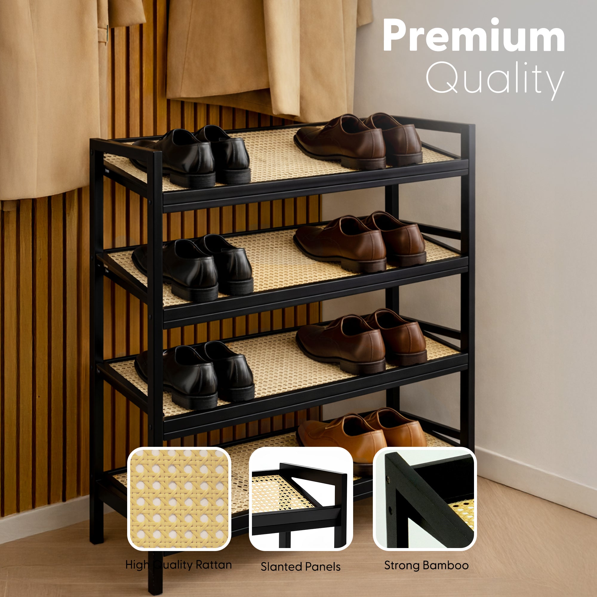 Bamboo & Rattan Shoe Rack Organiser (2/3/4-Tier)