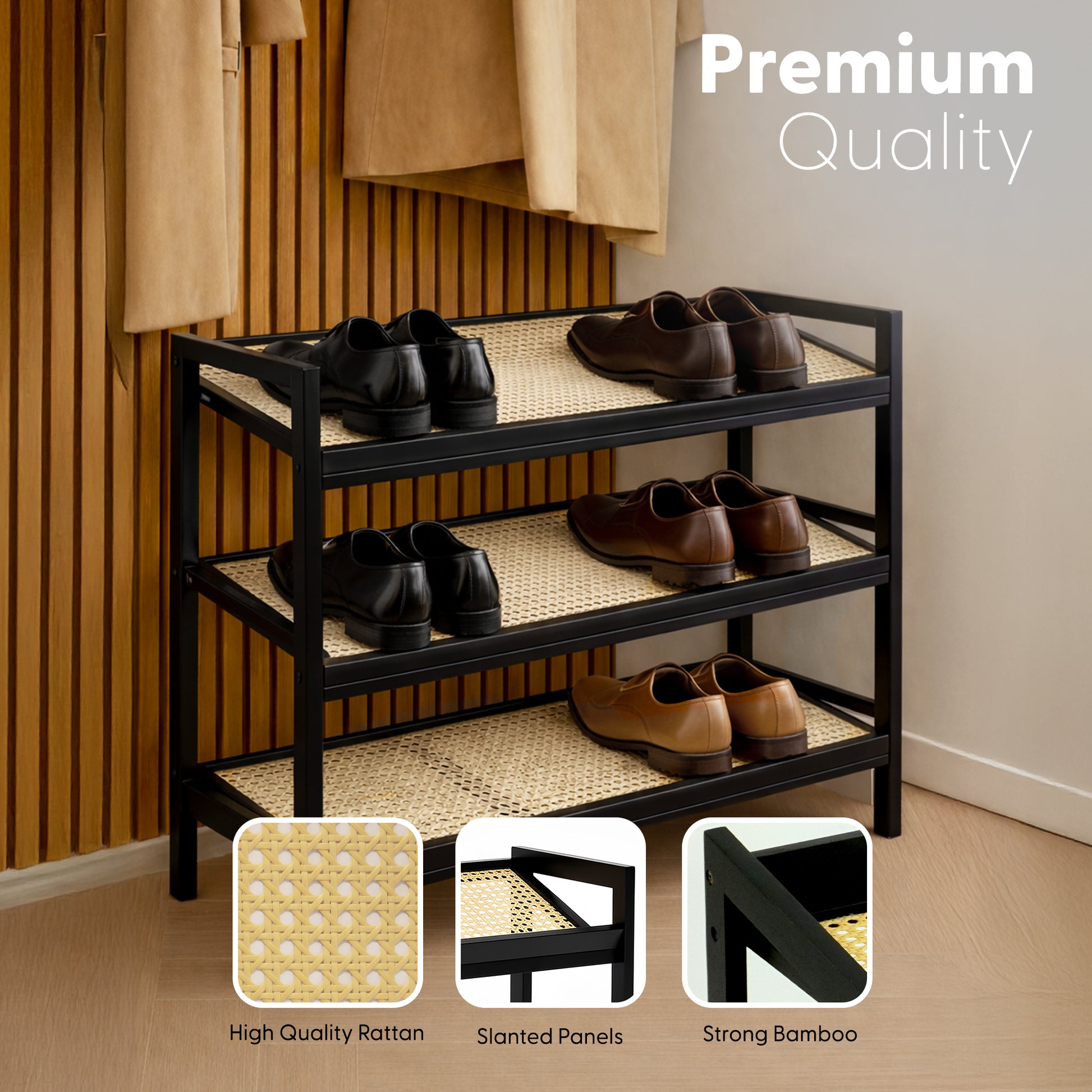 Bamboo & Rattan Shoe Rack Organiser (2/3/4-Tier)