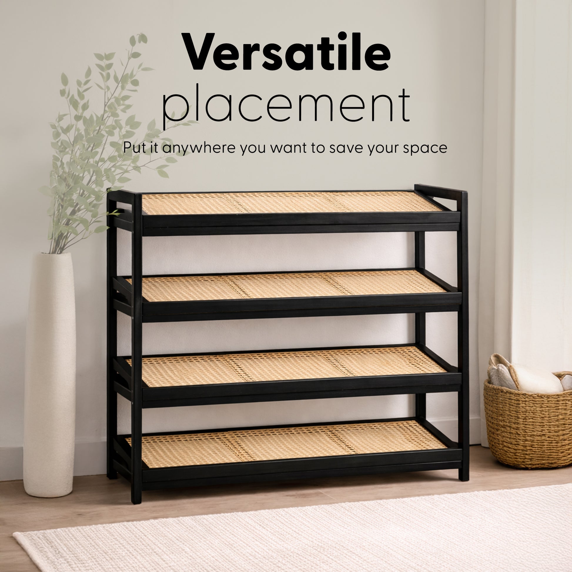 Bamboo & Rattan Shoe Rack Organiser (2/3/4-Tier)