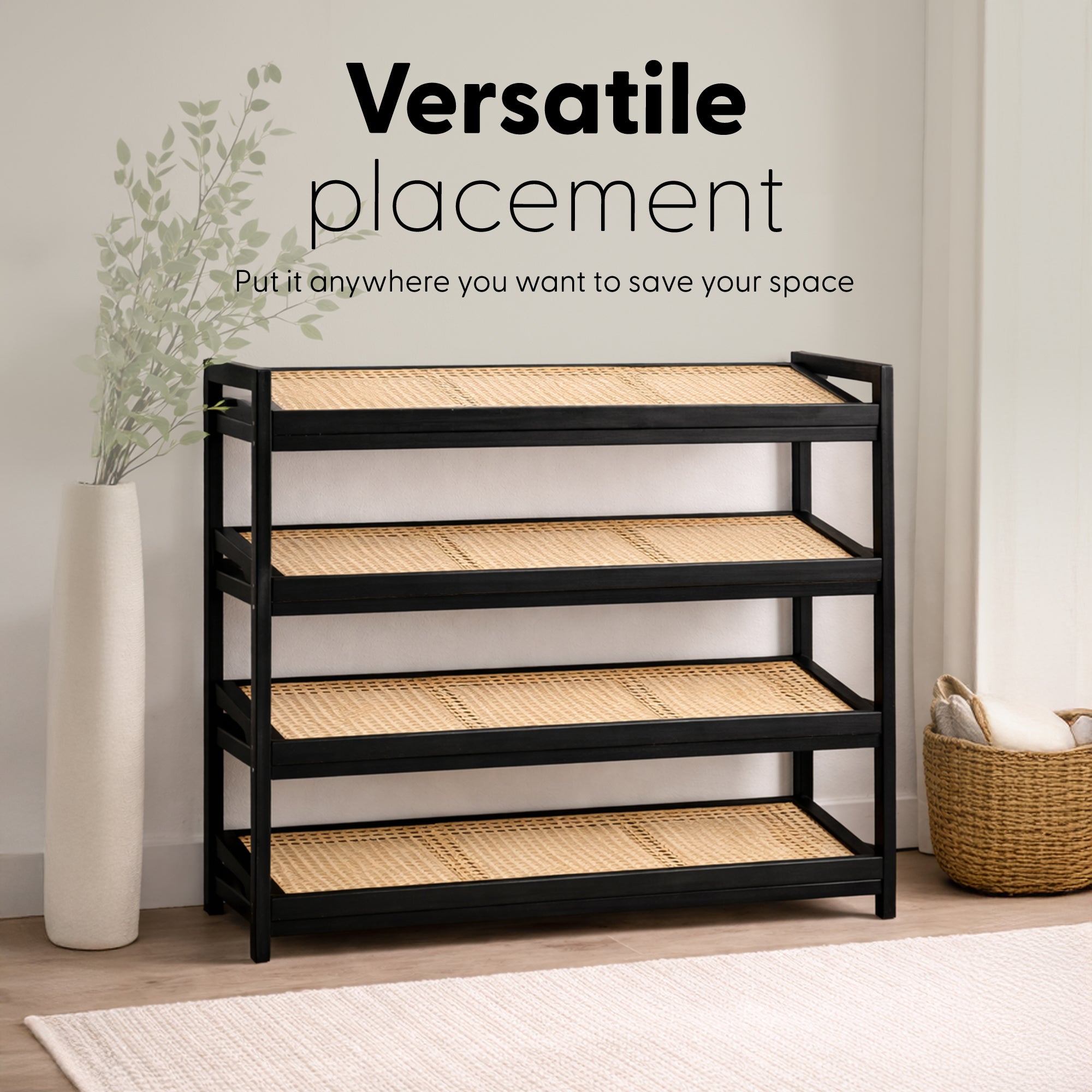 Bamboo & Rattan Shoe Rack Organiser (2/3/4-Tier)