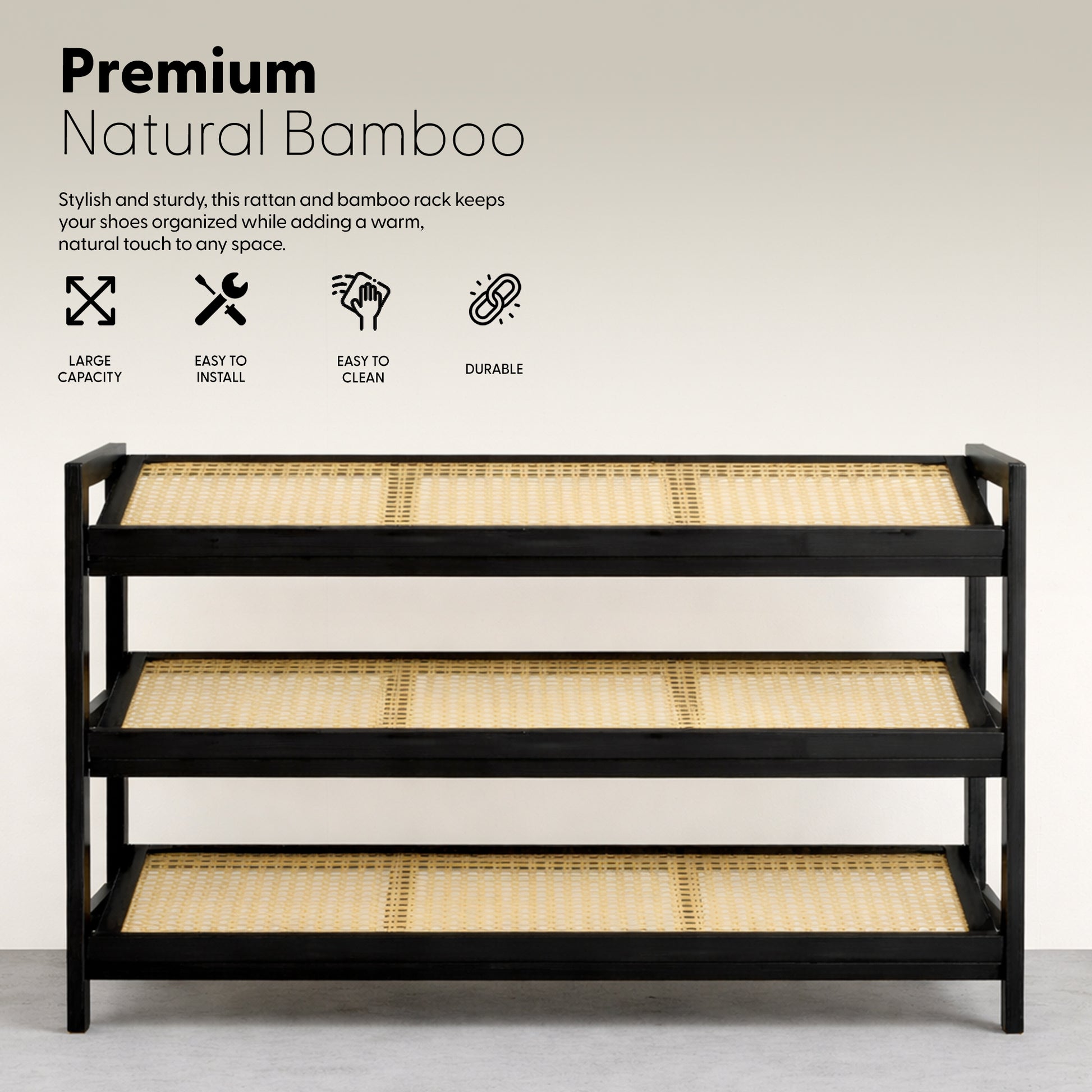 Bamboo & Rattan Shoe Rack Organiser (2/3/4-Tier)
